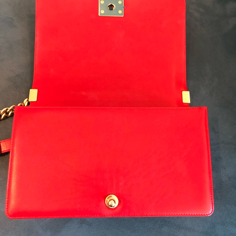 絕版CHANEL Boy 28cm 紅色小羊皮菱格金鍊A92193 肩背包-18