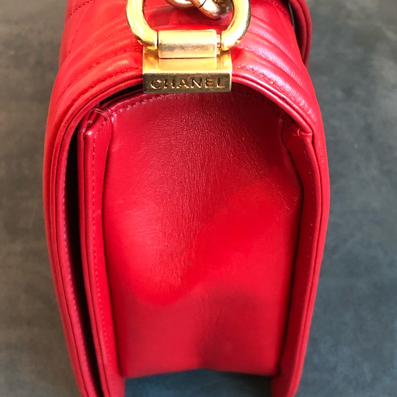 絕版CHANEL Boy 28cm 紅色小羊皮菱格金鍊A92193 肩背包-22