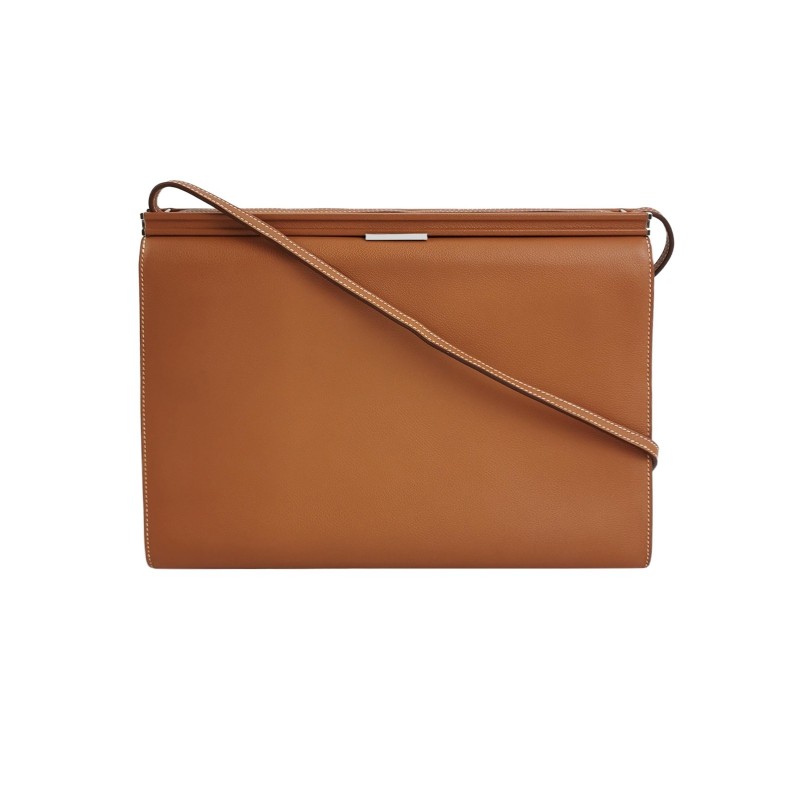 Hermes Clic H33低調側邊H Logo斜挎包單肩包Evercolor牛皮銀扣金棕色D刻-0