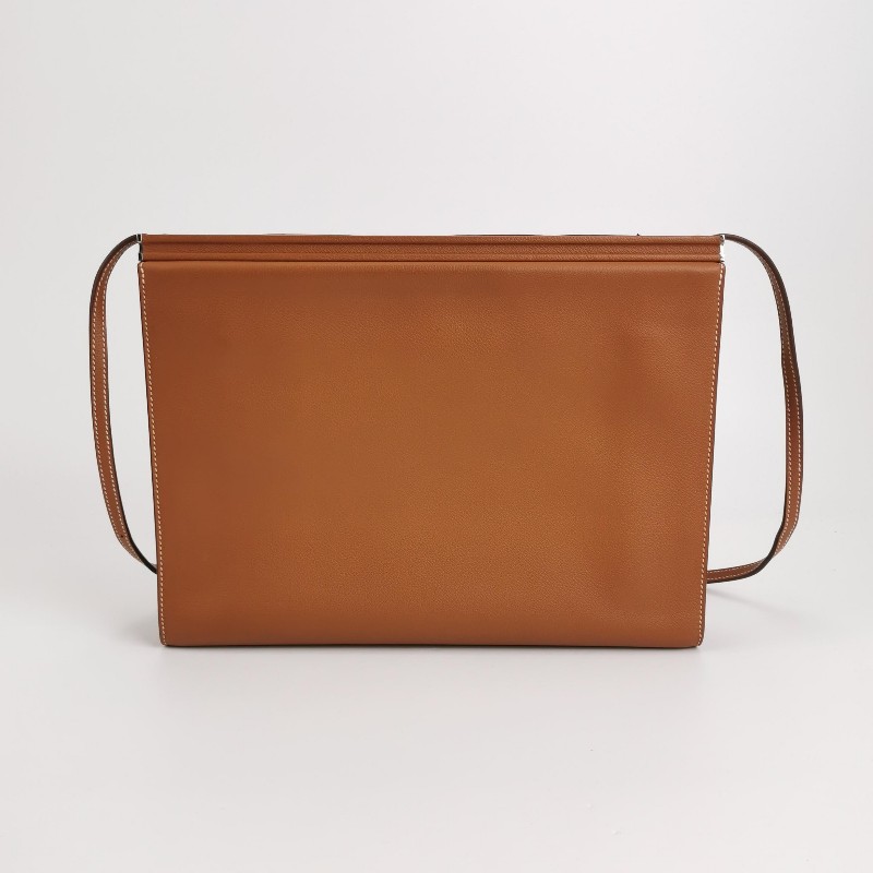 Hermes Clic H33低調側邊H Logo斜挎包單肩包Evercolor牛皮銀扣金棕色D刻-4