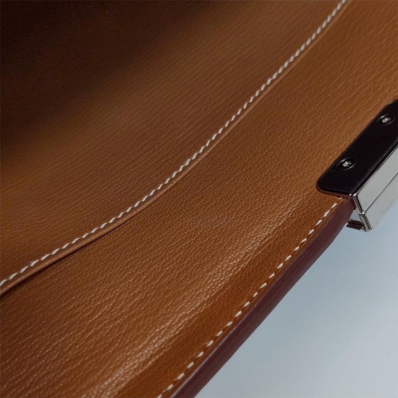 Hermes Clic H33低調側邊H Logo斜挎包單肩包Evercolor牛皮銀扣金棕色D刻-9