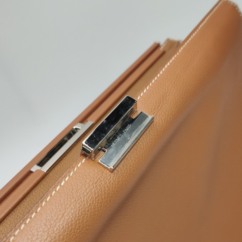 Hermes Clic H33低調側邊H Logo斜挎包單肩包Evercolor牛皮銀扣金棕色D刻-12