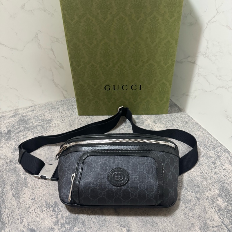 Gucci古馳/黑灰色雙G胸前包/733240-4