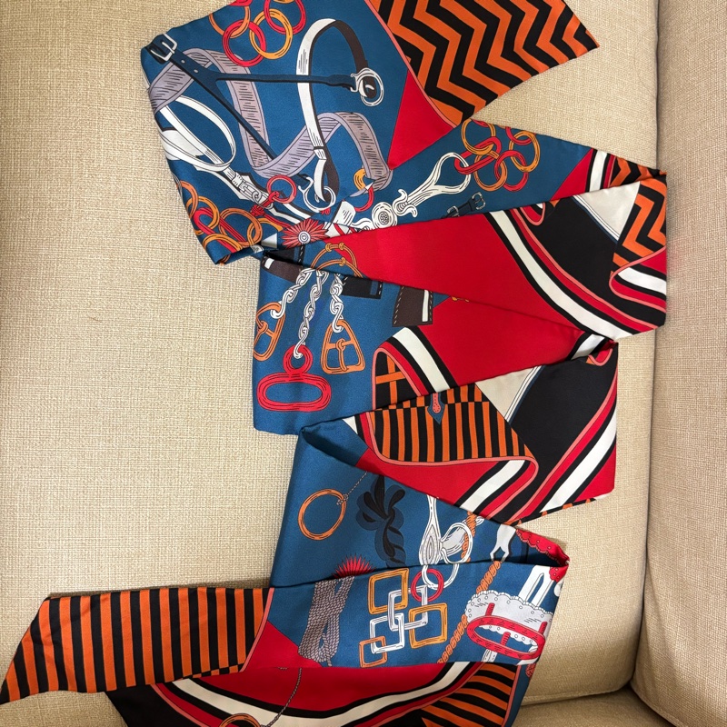 Hermès Maix Twilly愛馬仕紅藍橘長絲巾-2