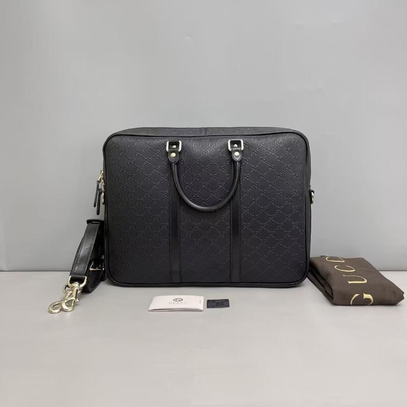Gucci 男士黑色全皮壓紋logo公文包 電腦公事包 肩背包-0