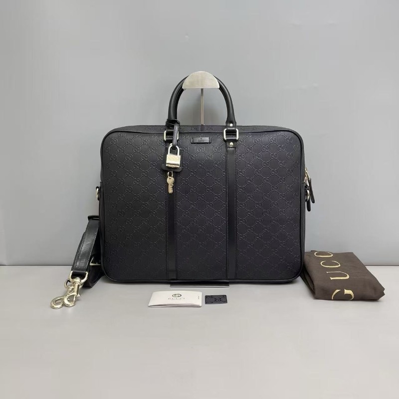 Gucci 男士黑色全皮壓紋logo公文包 電腦公事包 肩背包-6