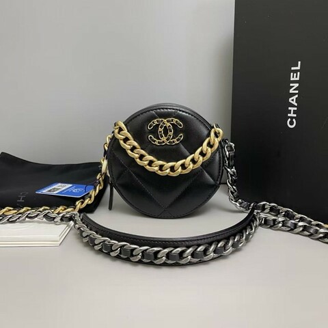 全套🈶購鉦 Chanel香奈兒19Bag黑金全皮圓餅包 斜背包 肩背包 晶片款