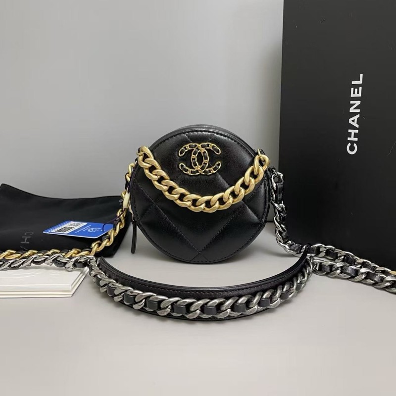 全套🈶購鉦 Chanel香奈兒19Bag黑金全皮圓餅包 斜背包 肩背包 晶片款-0
