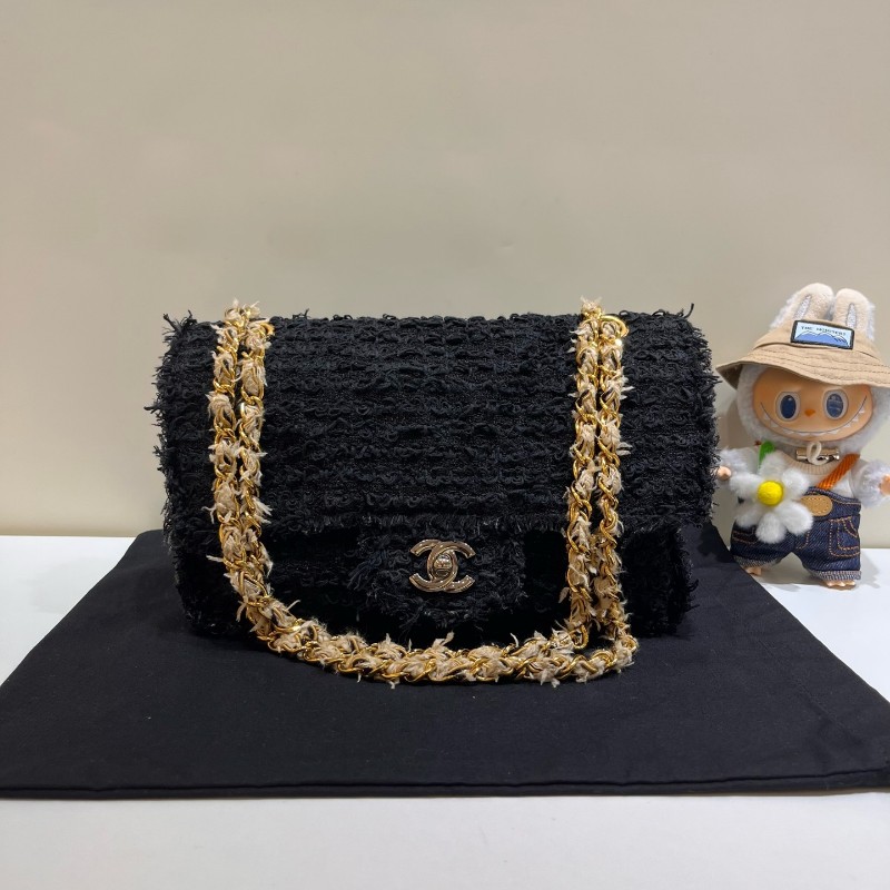 Chanel香奈兒 黑金毛呢 CF 銀扣 中號 口蓋包 鏈條包 肩背包-0