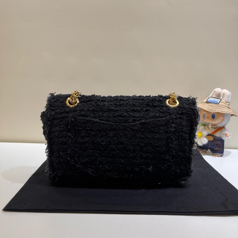 Chanel香奈兒 黑金毛呢 CF 銀扣 中號 口蓋包 鏈條包 肩背包-2