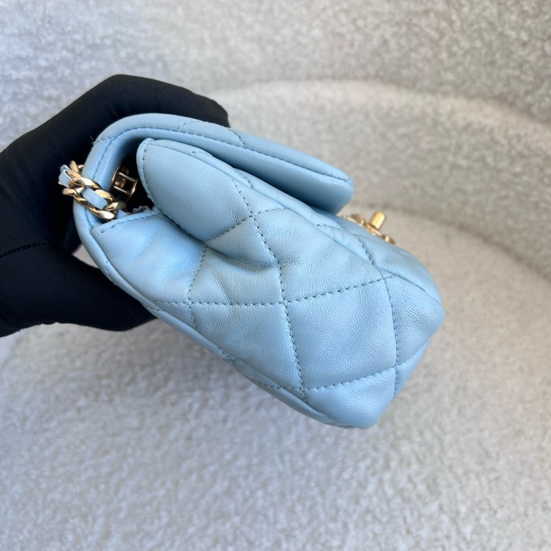 Chanel 22P新款淡藍色 金扣 方胖子 肩背包 斜背包-3