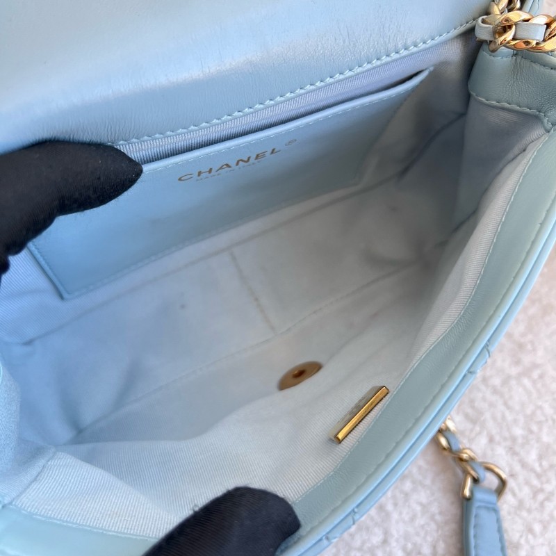 Chanel 22P新款淡藍色 金扣 方胖子 肩背包 斜背包-10