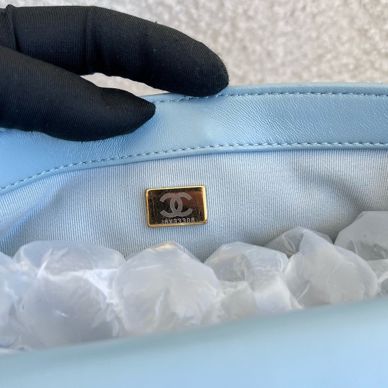 Chanel 22P新款淡藍色 金扣 方胖子 肩背包 斜背包-11