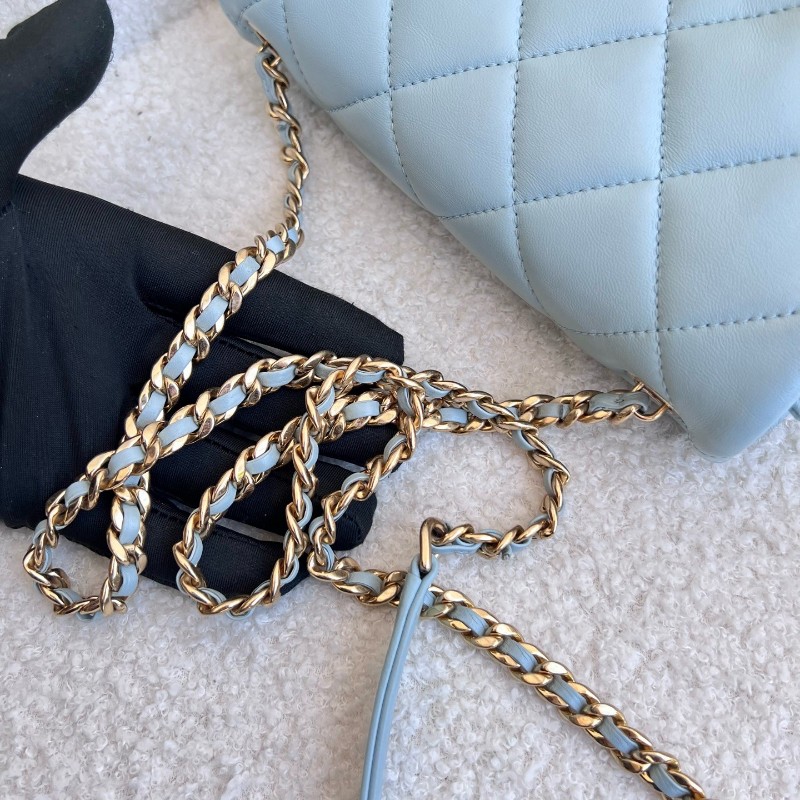 Chanel 22P新款淡藍色 金扣 方胖子 肩背包 斜背包-12
