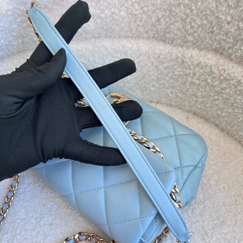 Chanel 22P新款淡藍色 金扣 方胖子 肩背包 斜背包-13
