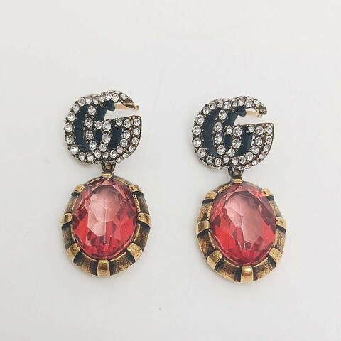 Gucci 雙G 水鑽 水晶 做舊金 耳環