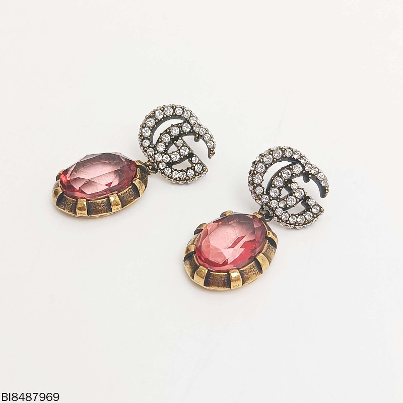 Gucci 雙G 水鑽 水晶 做舊金 耳環-2