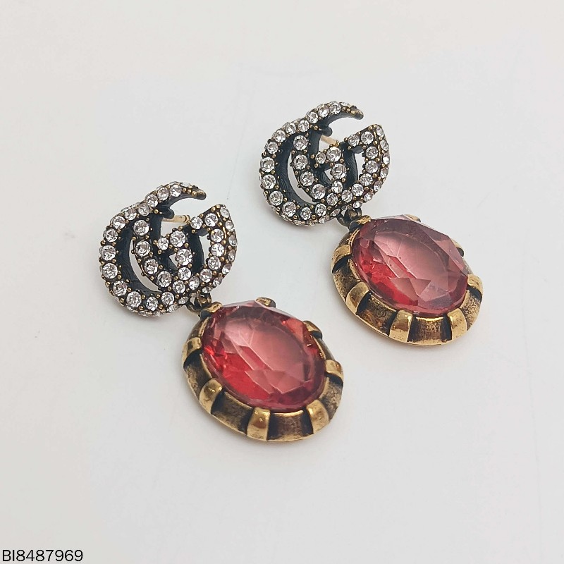 Gucci 雙G 水鑽 水晶 做舊金 耳環-3