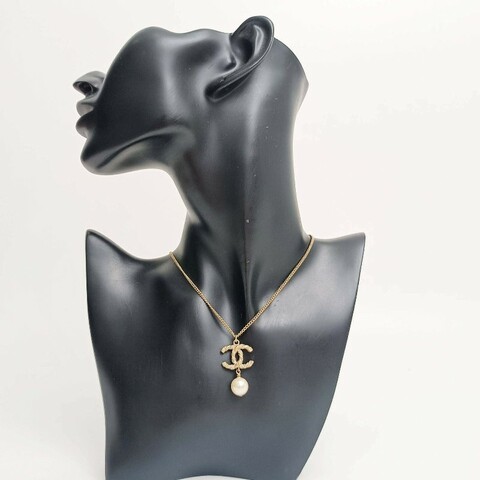 Chanel 金色雙C珍珠鑲鑽 項鍊 毛衣鏈