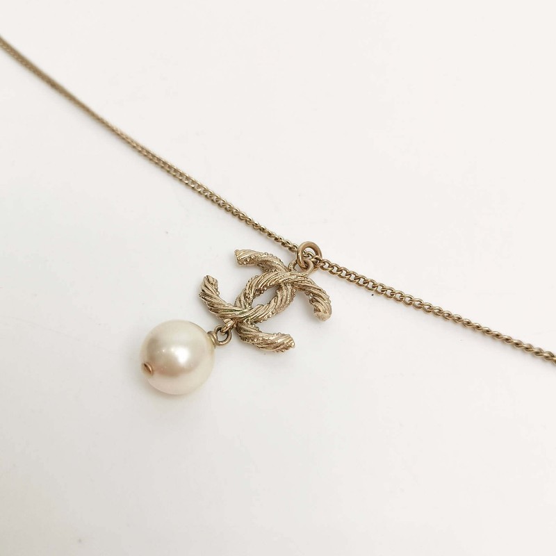 Chanel 金色雙C珍珠鑲鑽 項鍊 毛衣鏈-4