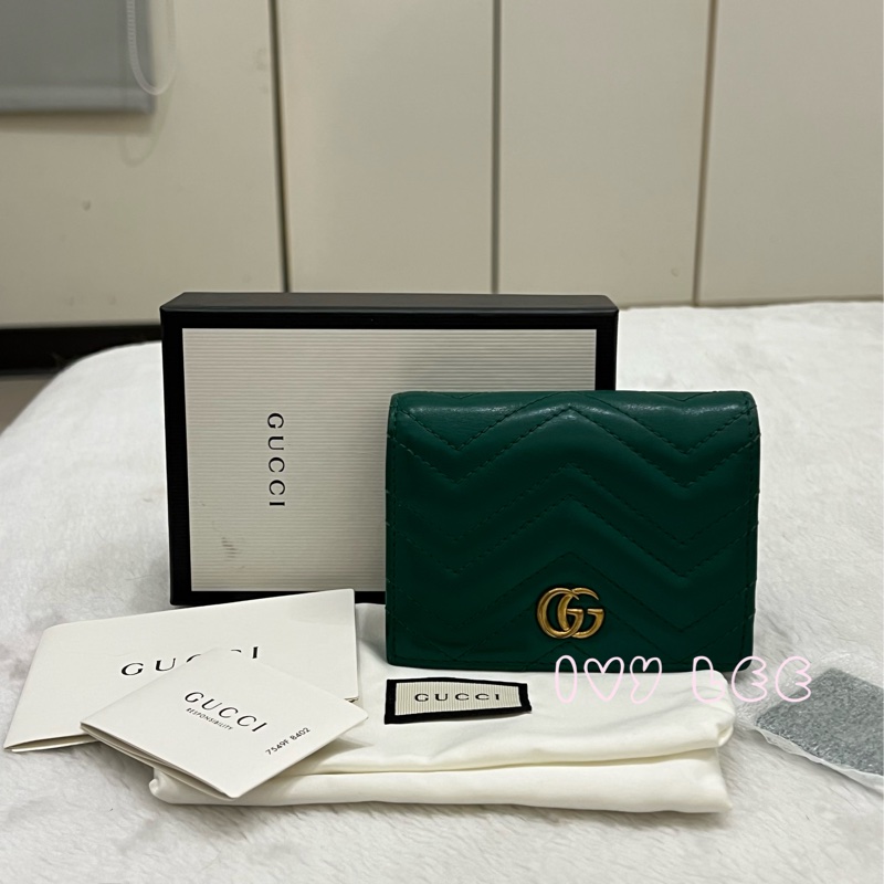GUCCI 466492 GG Marmont matelasse系列絎縫紋牛皮金屬雙G 短夾 綠色 正品 二手精品-0