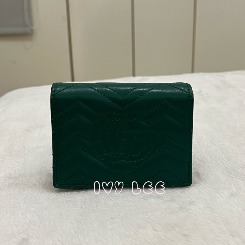 GUCCI 466492 GG Marmont matelasse系列絎縫紋牛皮金屬雙G 短夾 綠色 正品 二手精品-1