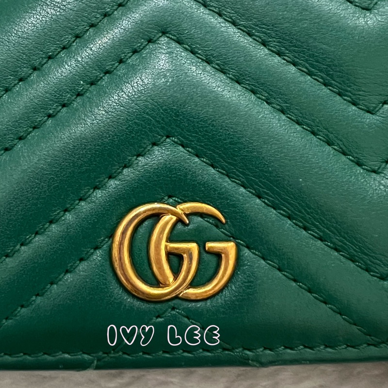 GUCCI 466492 GG Marmont matelasse系列絎縫紋牛皮金屬雙G 短夾 綠色 正品 二手精品-2