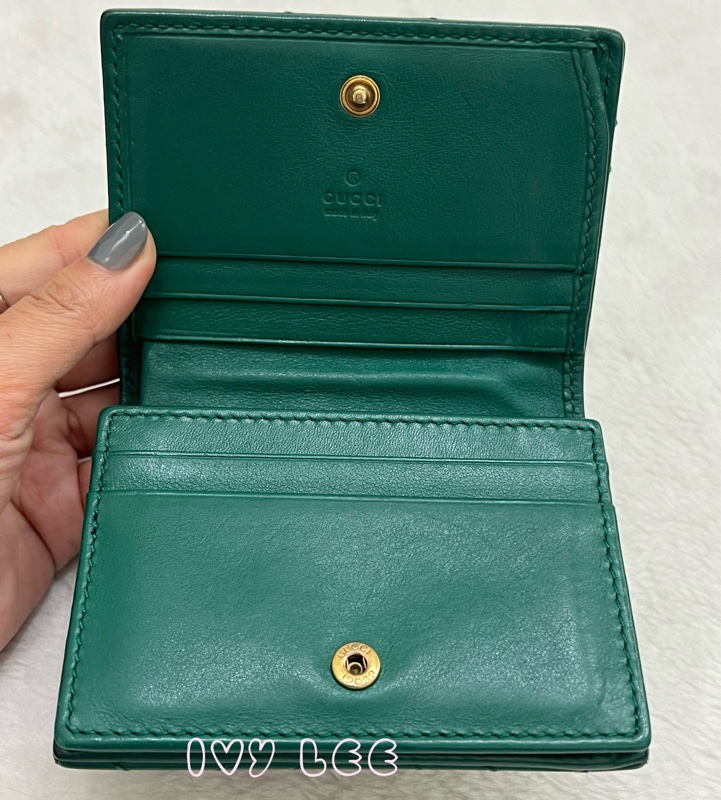 GUCCI 466492 GG Marmont matelasse系列絎縫紋牛皮金屬雙G 短夾 綠色 正品 二手精品-3