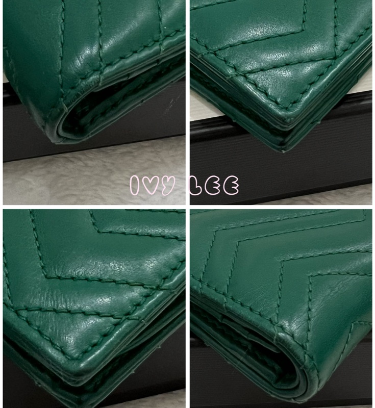 GUCCI 466492 GG Marmont matelasse系列絎縫紋牛皮金屬雙G 短夾 綠色 正品 二手精品-13