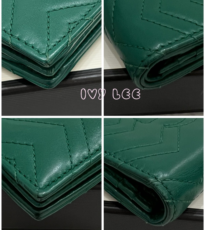 GUCCI 466492 GG Marmont matelasse系列絎縫紋牛皮金屬雙G 短夾 綠色 正品 二手精品-14