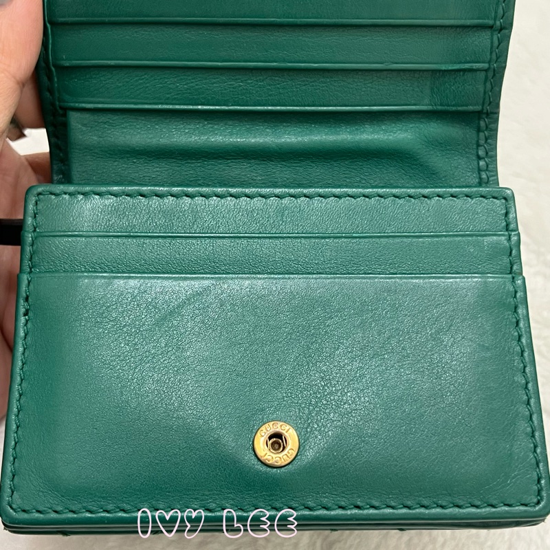 GUCCI 466492 GG Marmont matelasse系列絎縫紋牛皮金屬雙G 短夾 綠色 正品 二手精品-18