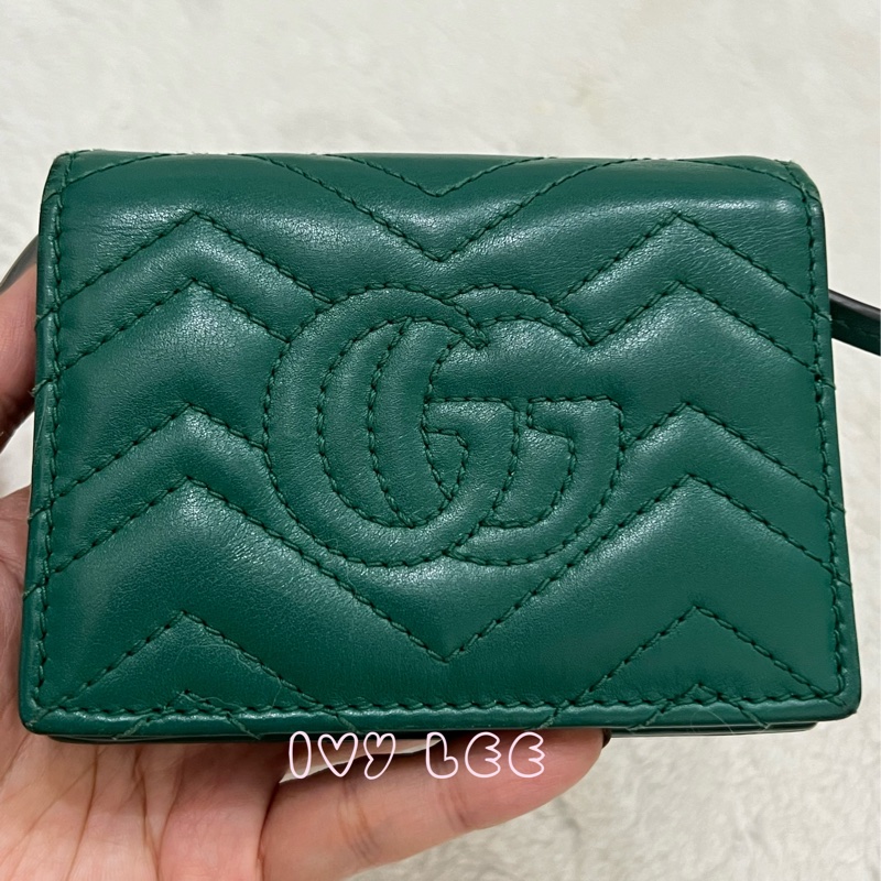 GUCCI 466492 GG Marmont matelasse系列絎縫紋牛皮金屬雙G 短夾 綠色 正品 二手精品-19