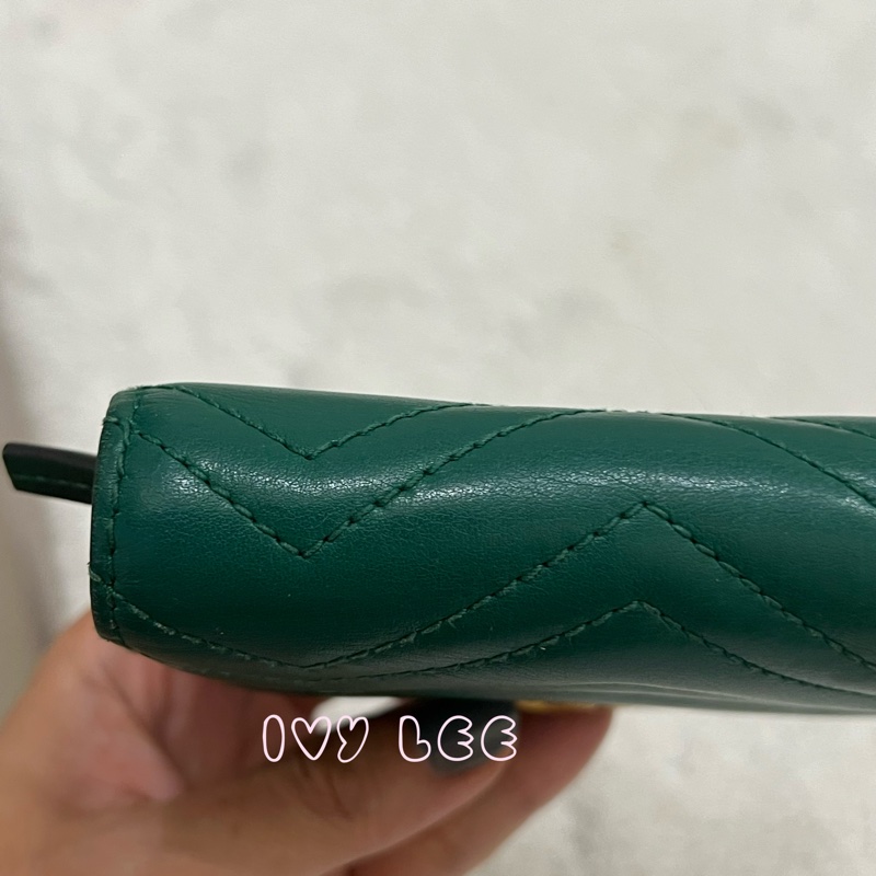 GUCCI 466492 GG Marmont matelasse系列絎縫紋牛皮金屬雙G 短夾 綠色 正品 二手精品-21