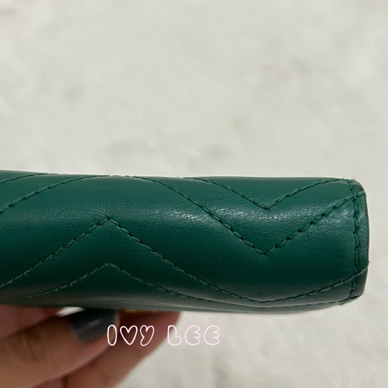 GUCCI 466492 GG Marmont matelasse系列絎縫紋牛皮金屬雙G 短夾 綠色 正品 二手精品-22