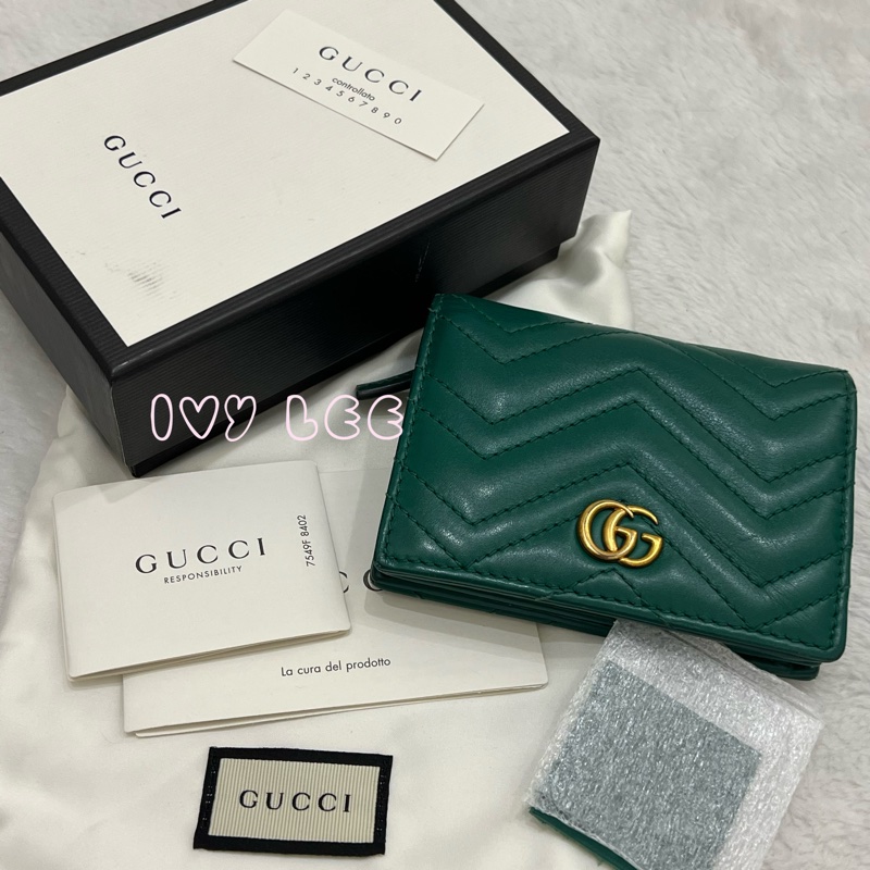 GUCCI 466492 GG Marmont matelasse系列絎縫紋牛皮金屬雙G 短夾 綠色 正品 二手精品-25