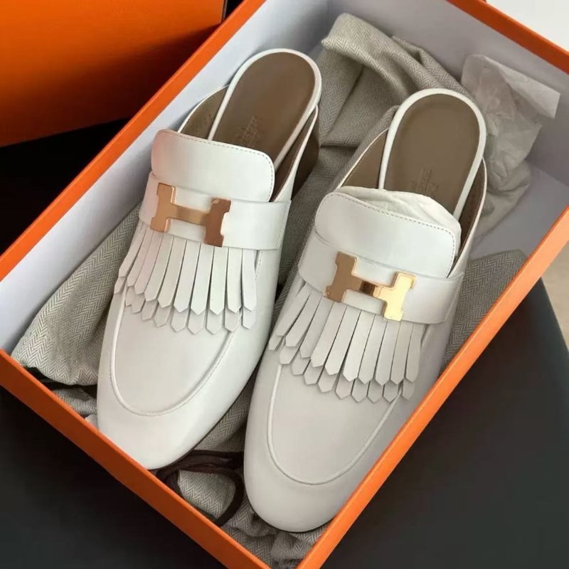 hermes 白色流蘇康康中跟拖鞋,跟高5.5cm 38號 全新 配件塵袋-0