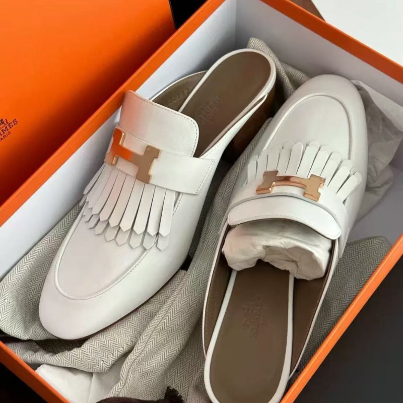 hermes 白色流蘇康康中跟拖鞋,跟高5.5cm 38號 全新 配件塵袋-2