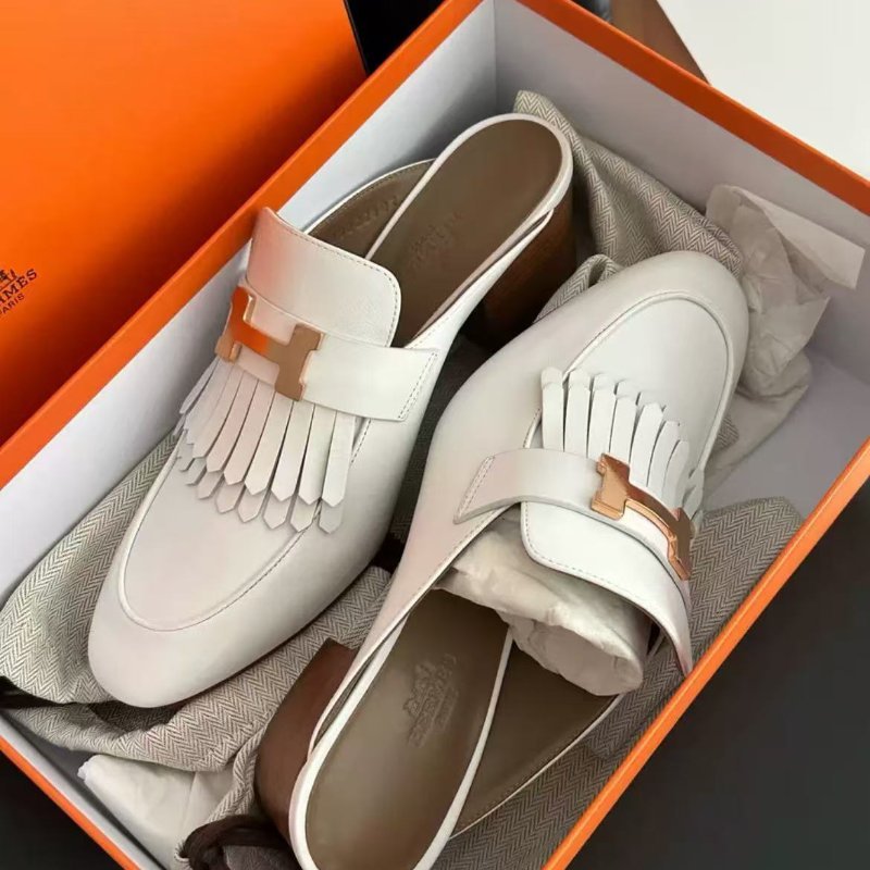 hermes 白色流蘇康康中跟拖鞋，跟高5.5cm 38號 全新 配件塵袋-3