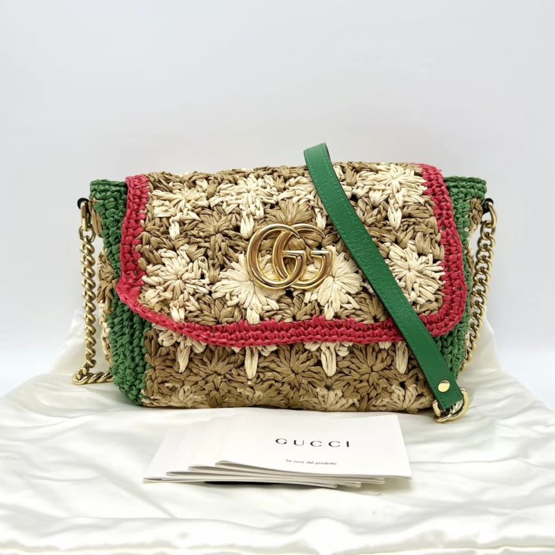 GUCCI 彩色紅綠拼拉菲草編肩背斜背包22*16*5 98新配件塵袋-0