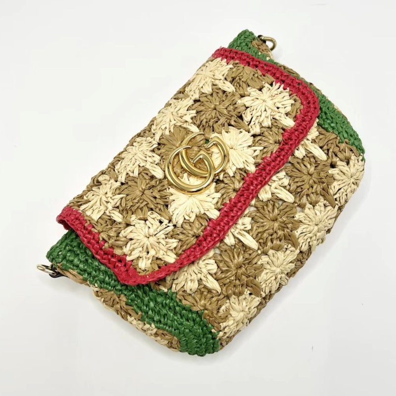 GUCCI 彩色紅綠拼拉菲草編肩背斜背包22*16*5 98新配件塵袋-2