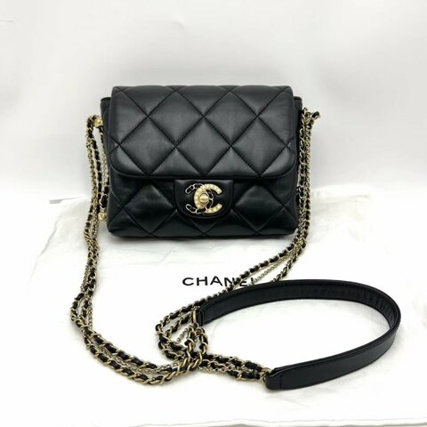 CHANEL 黑金珍珠鴛鴦雙C扣肩背斜背皮穿鏈條包19*16*4 98新配件塵袋