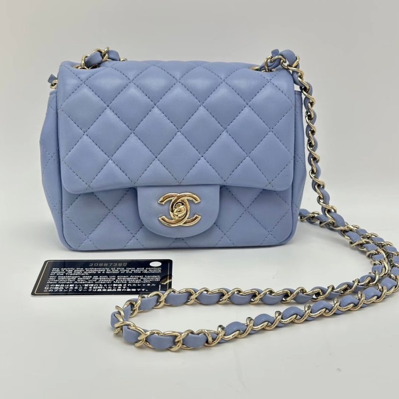 CHANEL baby藍金扣方胖子肩背斜背鏈條包16*12*7.5 98新配件塵袋保卡-0