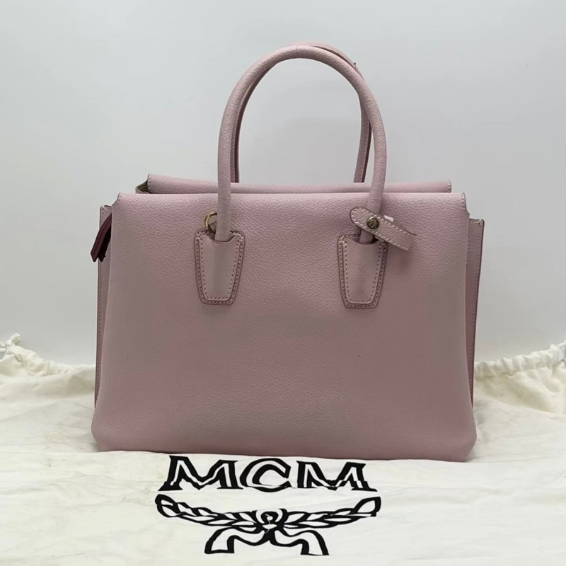 MCM 櫻花粉荔枝牛皮手提肩背斜背包32*22*13 98新配件塵袋吊牌-5