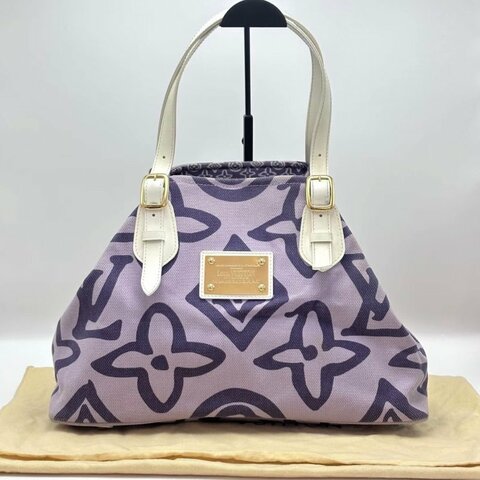 LV 紫色帆布印花金扣手提肩背包40*26*16 98新配件塵袋