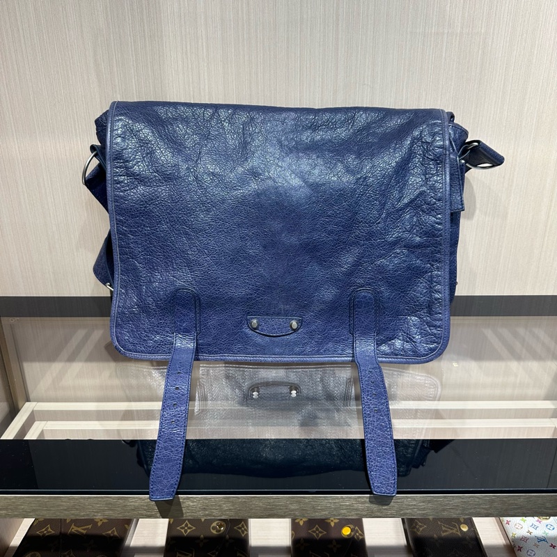 巴黎世家Balenciaga蓝色油蜡皮机车翻盖邮差包-5