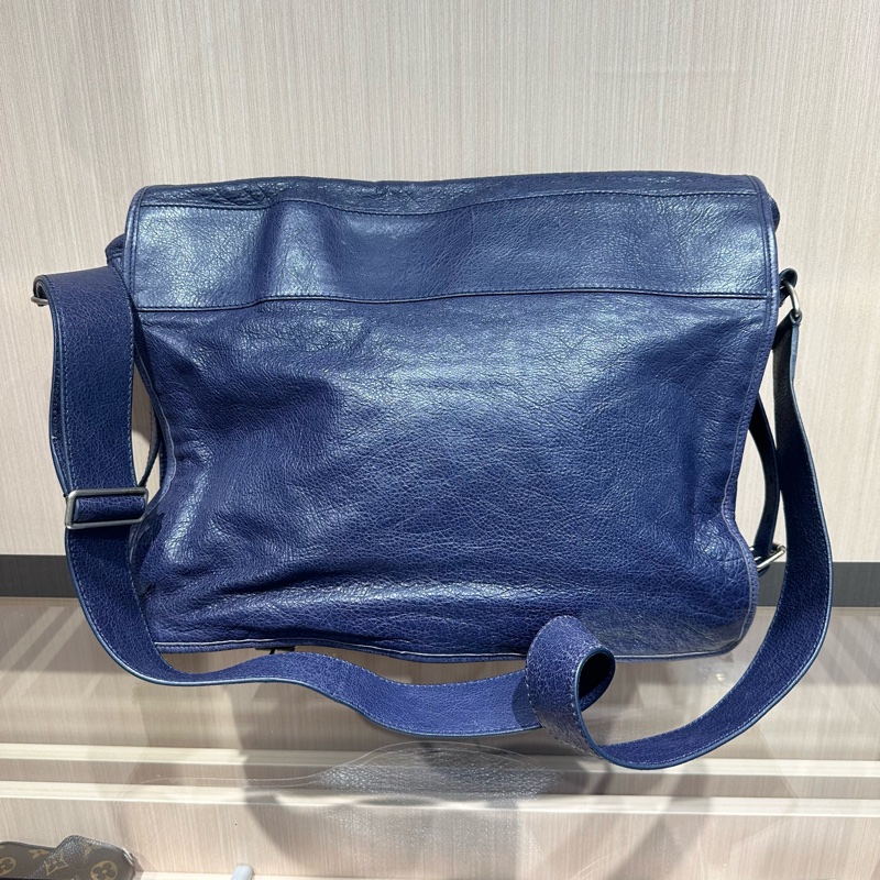 巴黎世家Balenciaga蓝色油蜡皮机车翻盖邮差包-6