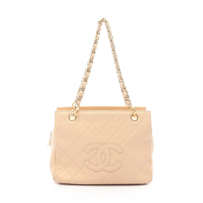CHANEL Matelasse Big COCO Mark 鏈條單肩包 小牛皮 米色 二手 女款 GHW-0
