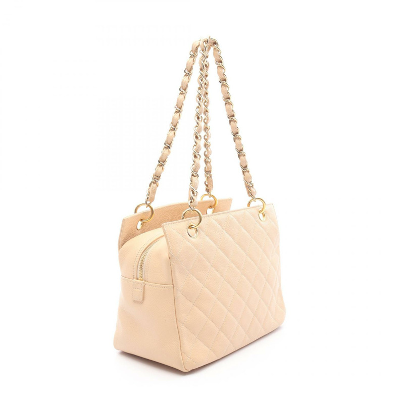 CHANEL Matelasse Big COCO Mark 鏈條單肩包 小牛皮 米色 二手 女款 GHW-1