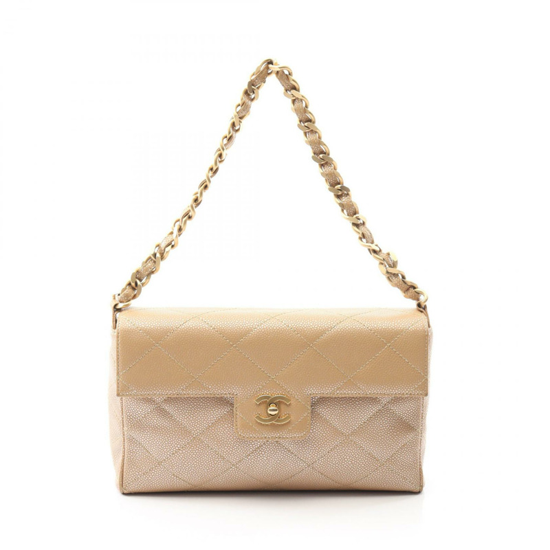 CHANEL Matelasse 鏈條單肩包 皮革 粒面小牛皮 米色 二手 GHW-0