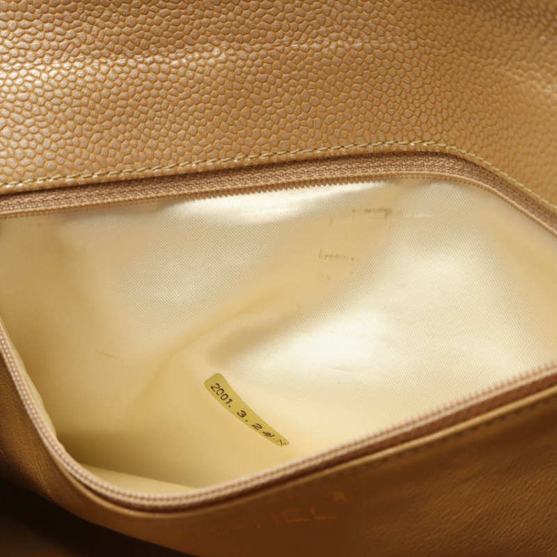 CHANEL Matelasse 鏈條單肩包 皮革 粒面小牛皮 米色 二手 GHW-5